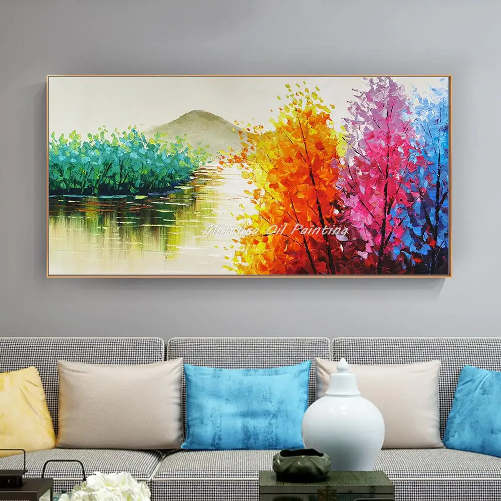 Mintura Large Size Handmade Artwork Handpainted Oil Paintings on Canvas,Beautiful Flowers Lakes Modern Hotel Decoration Wall Art