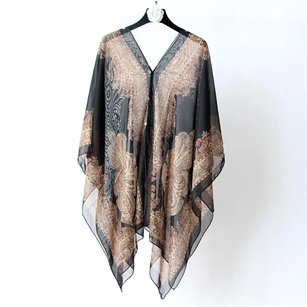 Chiffon Shawl Scarf Vintage Flower Print Sun Scarf Poncho Elegant Vintage Cover Up V Neck Anti UV Cashew Flower Scarf