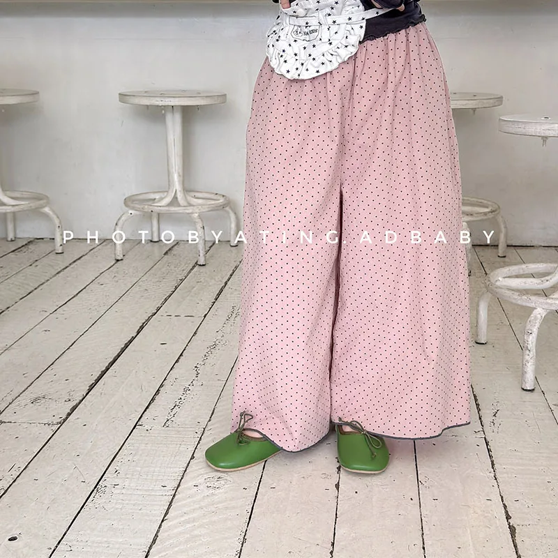 LILIGIRL 2026 Girls Spring Wide-leg Pants  Thin Flower Kids Loose Trousers Dots Full Floral Print Children Casual Pants 1-6T