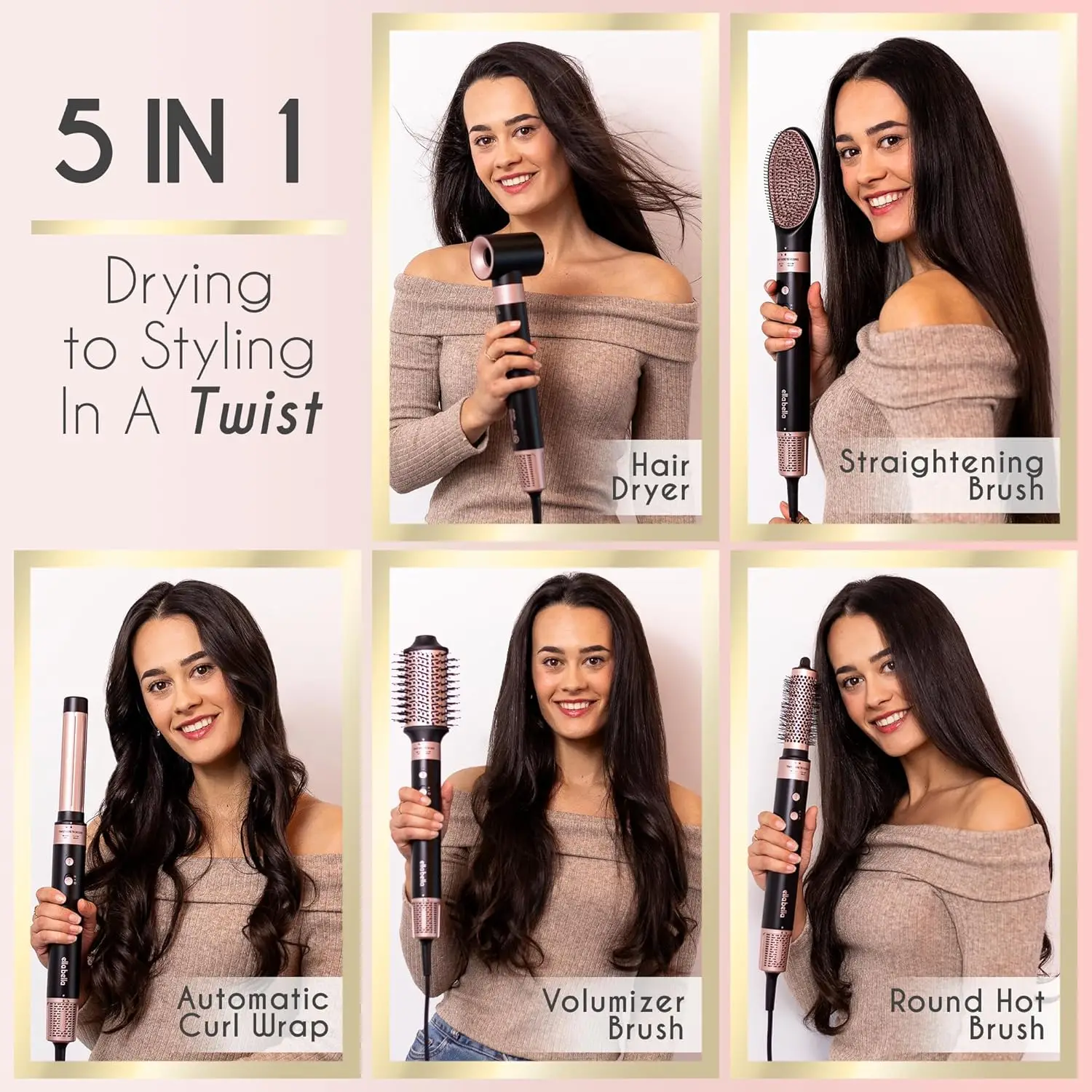 ELLA BELLA 6 in 1 Professional Hot Air Styler • Powerful Hair Dryer & Straightener Fast Drying Curling Volumizing Straightening