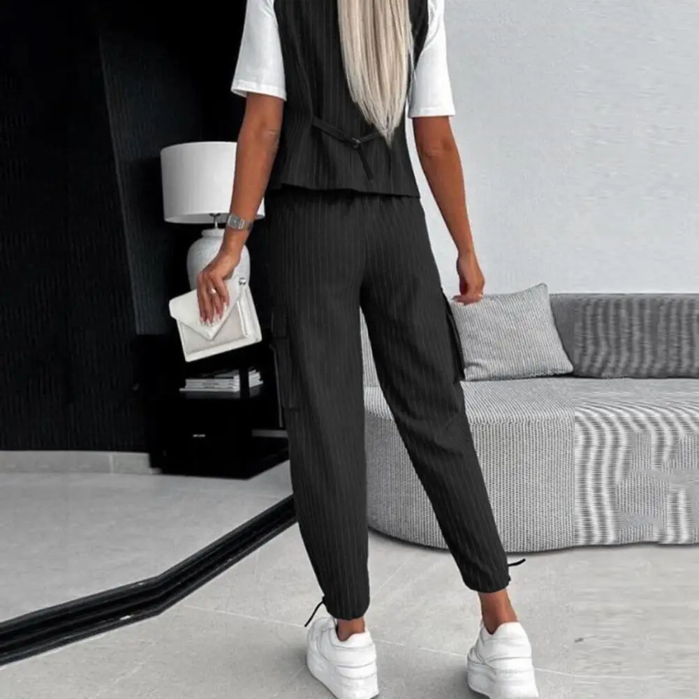 Lady Waistc Ankle Length Pants Elegant Women\'s Vest Pants Set with V Neck Sleeveless Waistcoat High Waist Drawstring for Commute