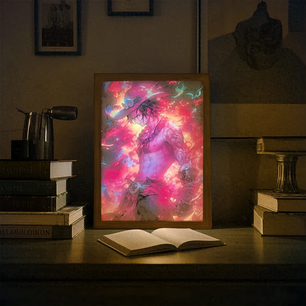 7 Color LED Night Light Anime Light Painting Photo Frame Luffy Zoro on One Piece Glowing Wall Art for Bedroom Office Decor Gift