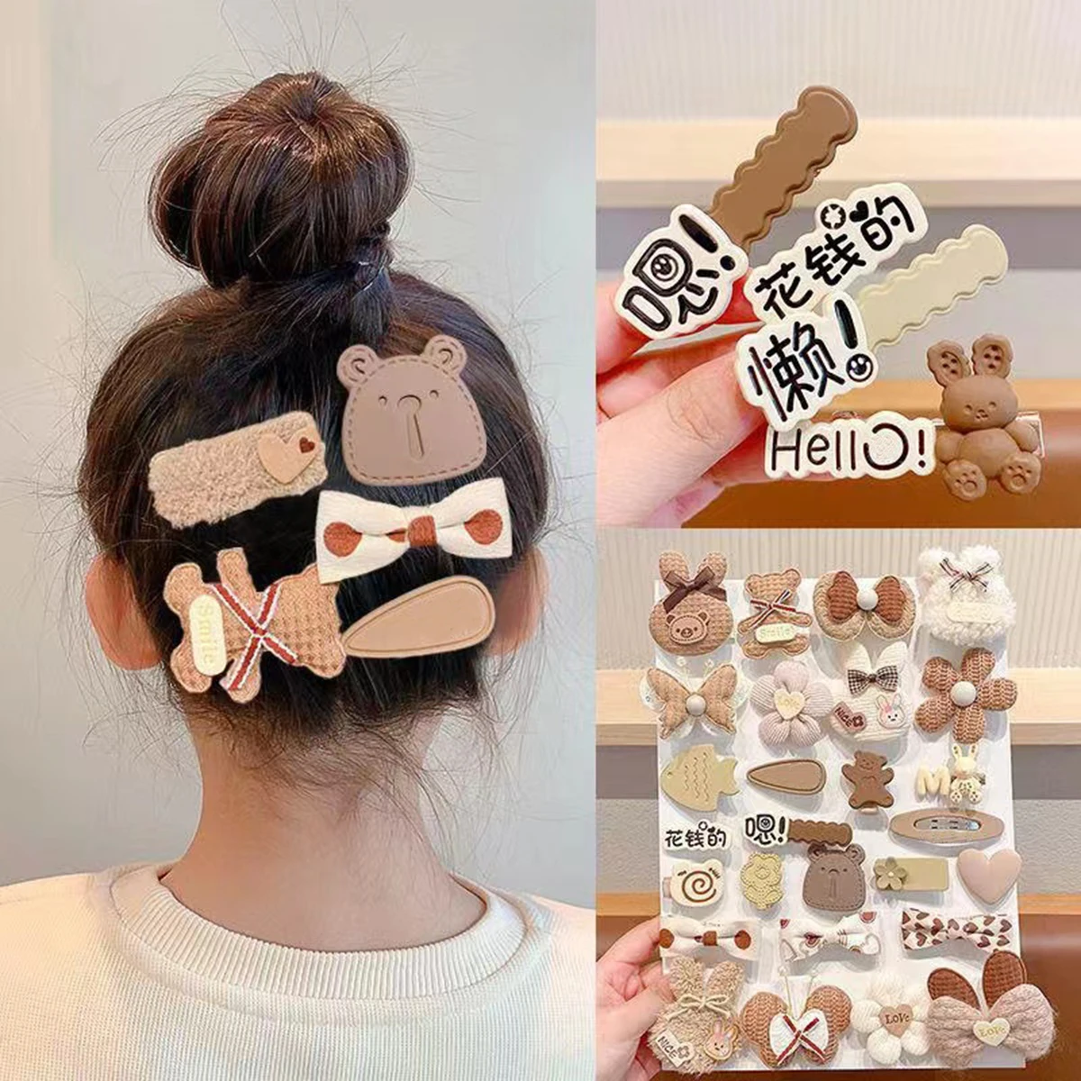 8Pcs/Set Korean Cartoon Hair Clips for Girls Winter Cute Plush Flower Rabbit Hairpins Knitting Barrettes Kids Hair Accessories