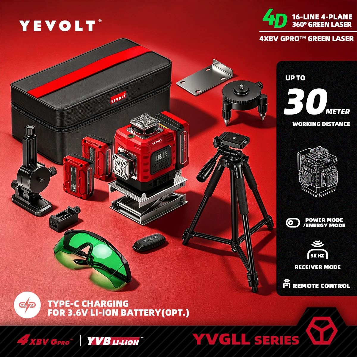 YEVOLT 4x360 °   Niveau laser 4D vert 16 lignes à auto-nivellement pour les travaux de bricolage domestique, le rebouchage des fenêtres, la pose de carreaux, la finition des murs et la rénovation intérieure