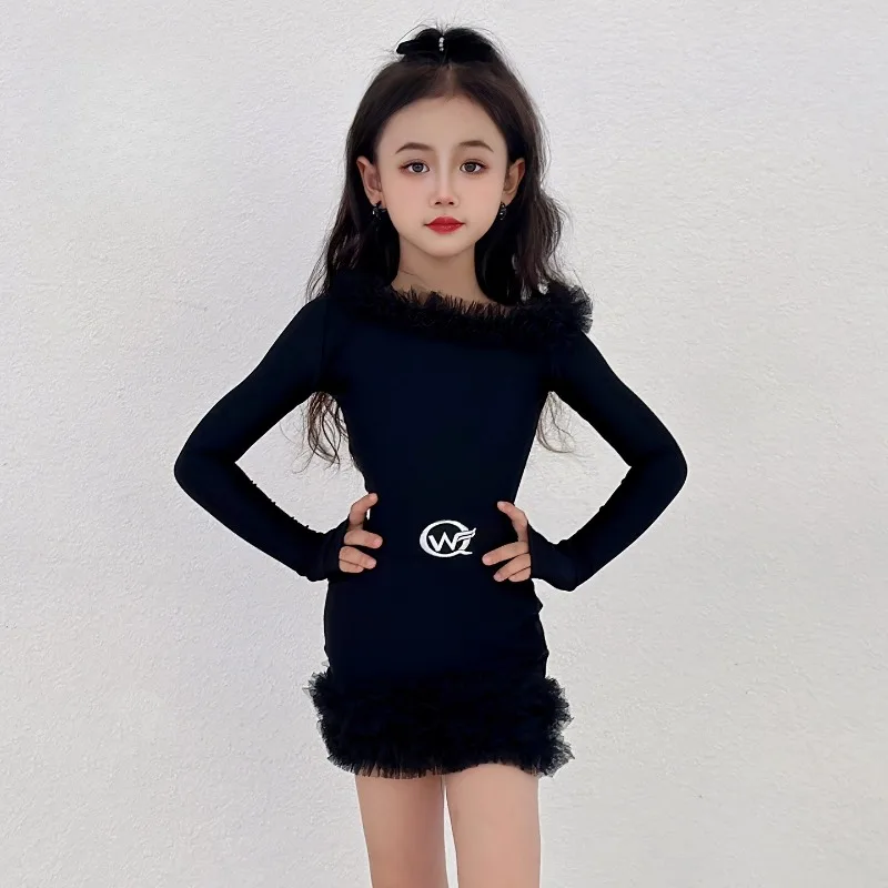 

New Children's Latin Dance Costume - Girls' Junior Training Suit, High-end Practice, Performance and Show Cake Skirt