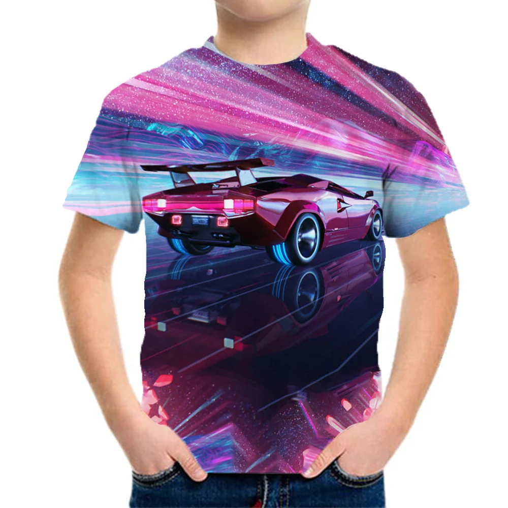 Kids Clothes Boys Purple Cool Racing Car Tee Shirts Graphics Tshirt Summer Children \'s T-Shirt Clothing Teens Tops Korean Black