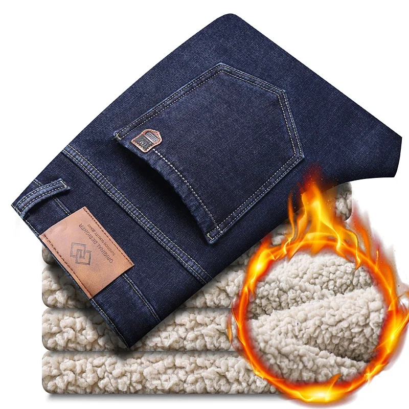 

Pop Winter Warm Fleece Jeans Men Straight Stretch Thick Casual Thermal Denim Pants Male Business Work Trousers New Men Clothing