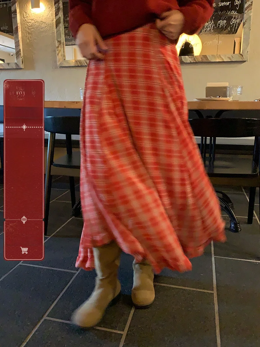 

Sinbounboun High Waist A-Line Midi Skirt Women's Vintage Lazy Sle Plaid Asymmetrical Hemline Ci Commuting Polyester Skirt