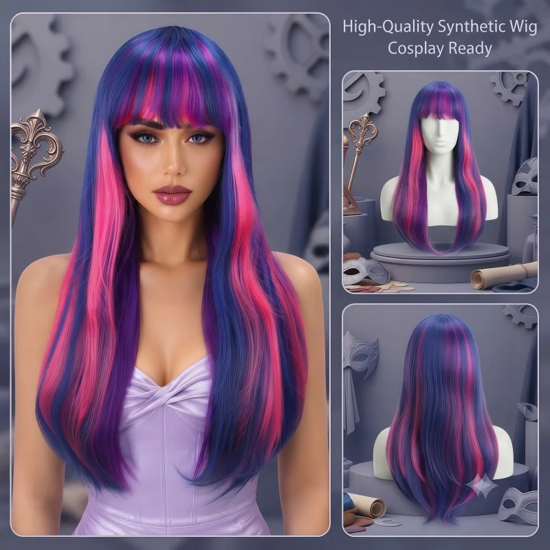 Long Straight Synthetic Wig With Bangs, Blue Pink Purple Highlight Colored Hair Wigs, Heat Resistant Costume Wig for Women
