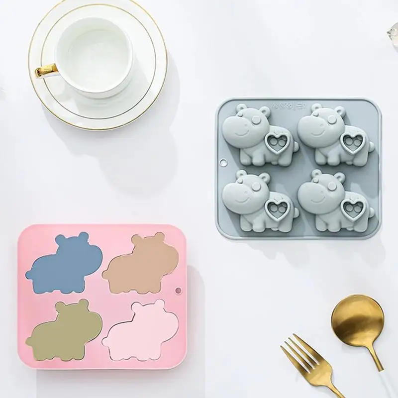 Flexible Silicone Hippo Mold Four Cavity Heart Tray for Homemade Chocolate Candy Baking Kitchen Use