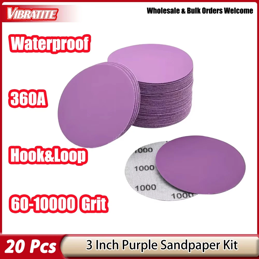 20PCS 3 Inch75mm Hook&Loop Sanding Disc Alumina Wet Dry Flocking Sandpaper 60-10000 Grit Round Abrasive Disc for Wood