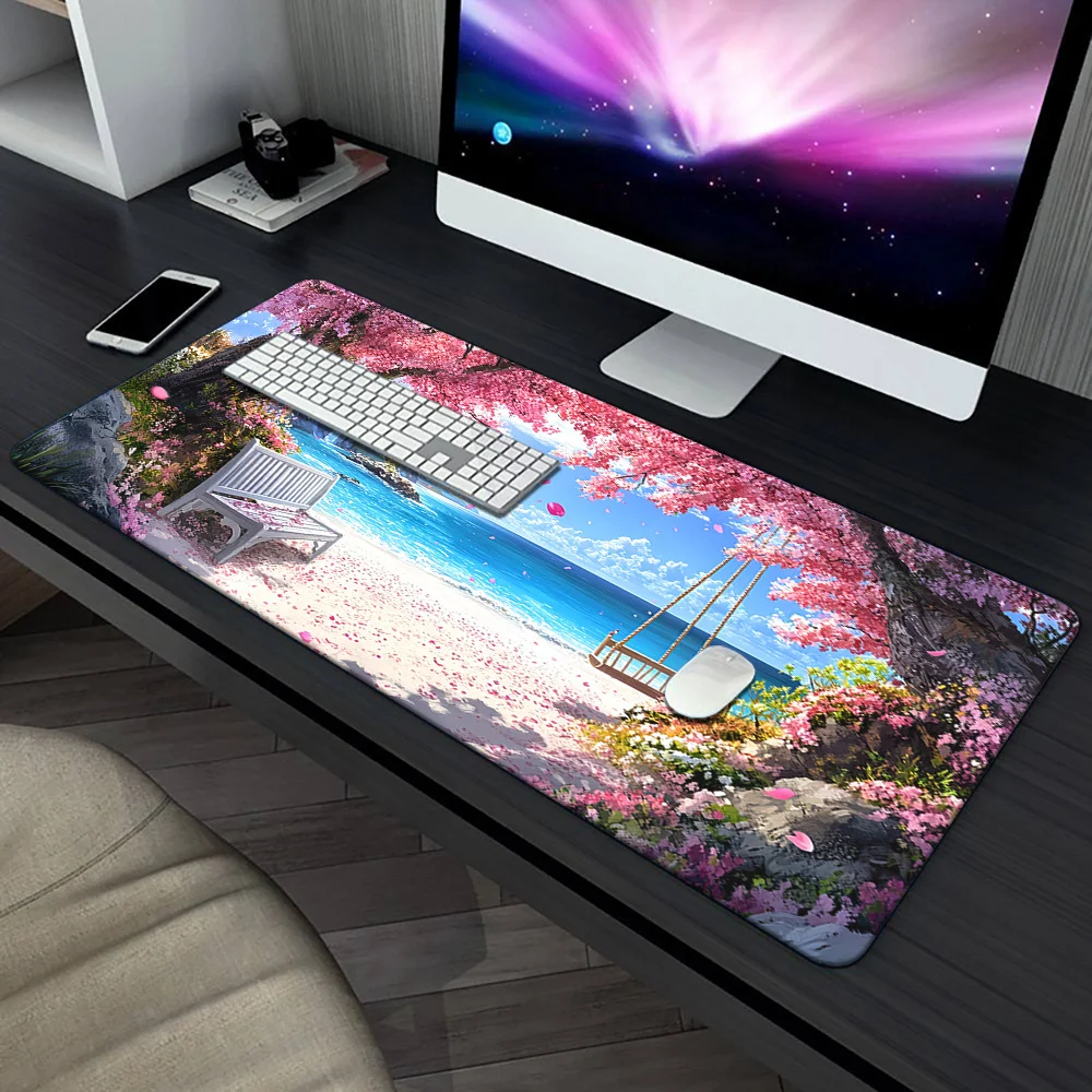 1-teiliges XXL-Mauspad mit Küstenlandschaft, lebendigem Strand- und Kirschblüten-Design, langlebige Schreibtischunterlage, multifunktionales Desktop-Pad