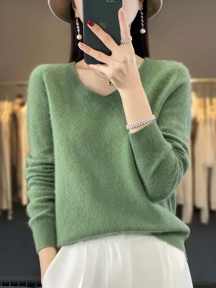 Jersey de lana merina con cuello en V para mujer, suéter de cachemira básico informal, Tops elegantes sólidos, ropa de moda, otoño e invierno, 100%