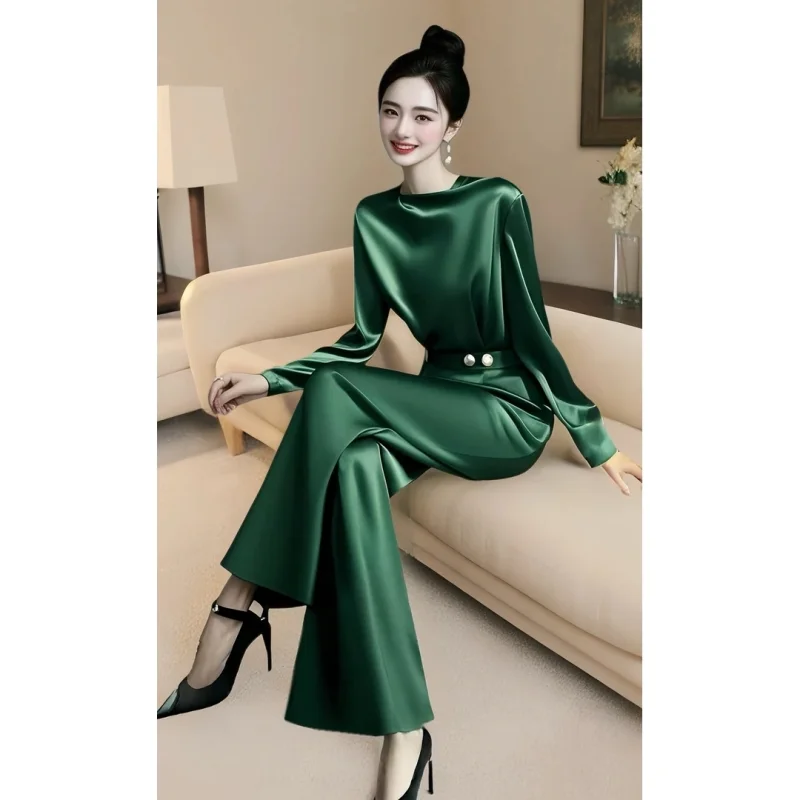 新作・高品質サテン秋レディースツーピースセット エレガントオフィスレディ長袖ブラウストップス＋ワイドレッグパンツスーツ セレブリティ