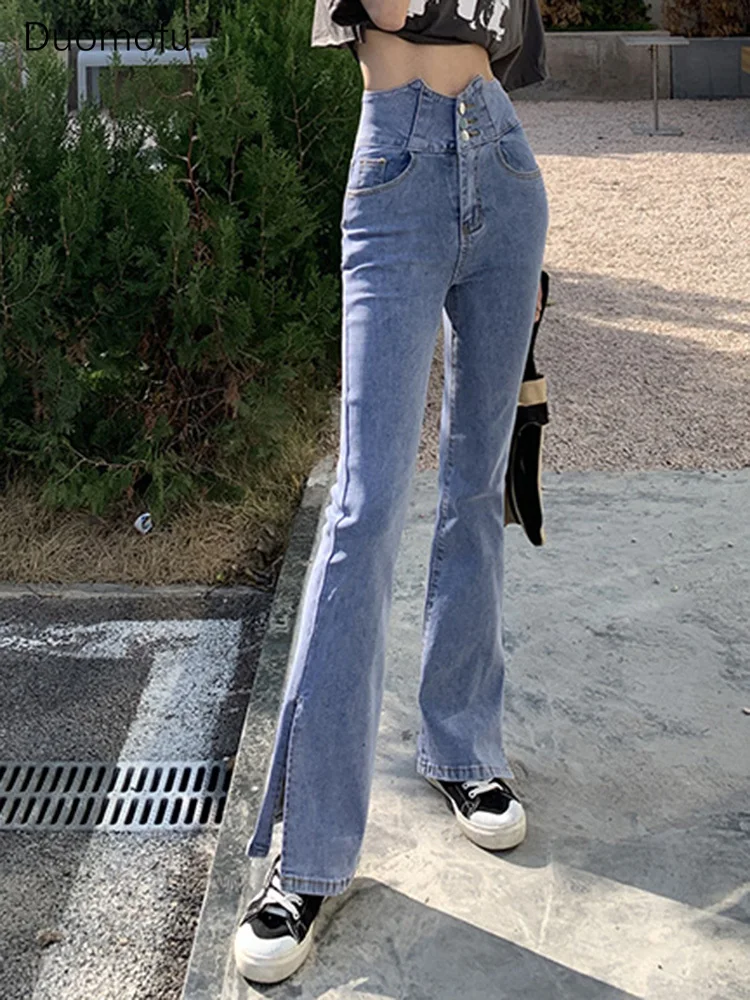 Duomofu-jeans clássico completo para mulheres, chique, dividido, solto, flare, feminino, moda coreana, cintura alta, fino, simples, casual, primavera