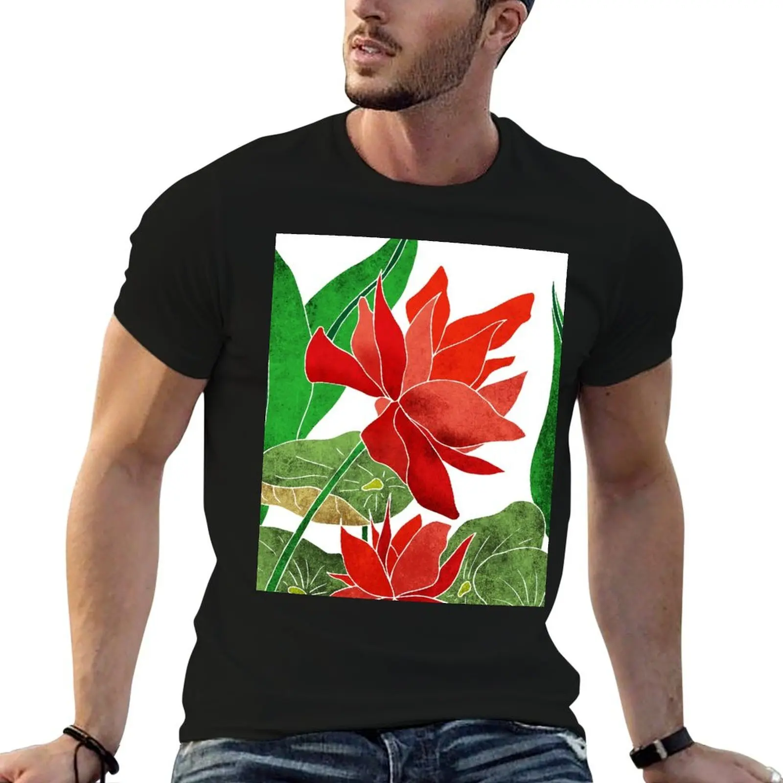 Red Lotus Flower - Botanical, Floral, Tropical Art - Modern, Minimal Decor - Red, Green T-Shirt sublime men graphic t shirts