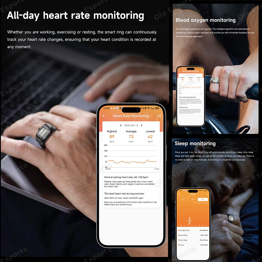 ساعة كوارتز جديدة + حلقة ذكية معدل ضربات القلب الأكسجين في الدم مراقبة النوم عرض الوقت/التعديل مقاوم للماء الرياضة smartring الرجال