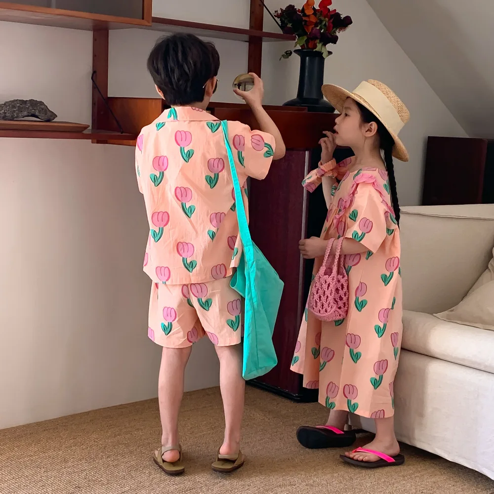 Summer New Fashion Tulip T-shirt And Short Boys Comfortable Homewear Set Girl Baby Sweet Loose Flower Versatile Boutique Dress