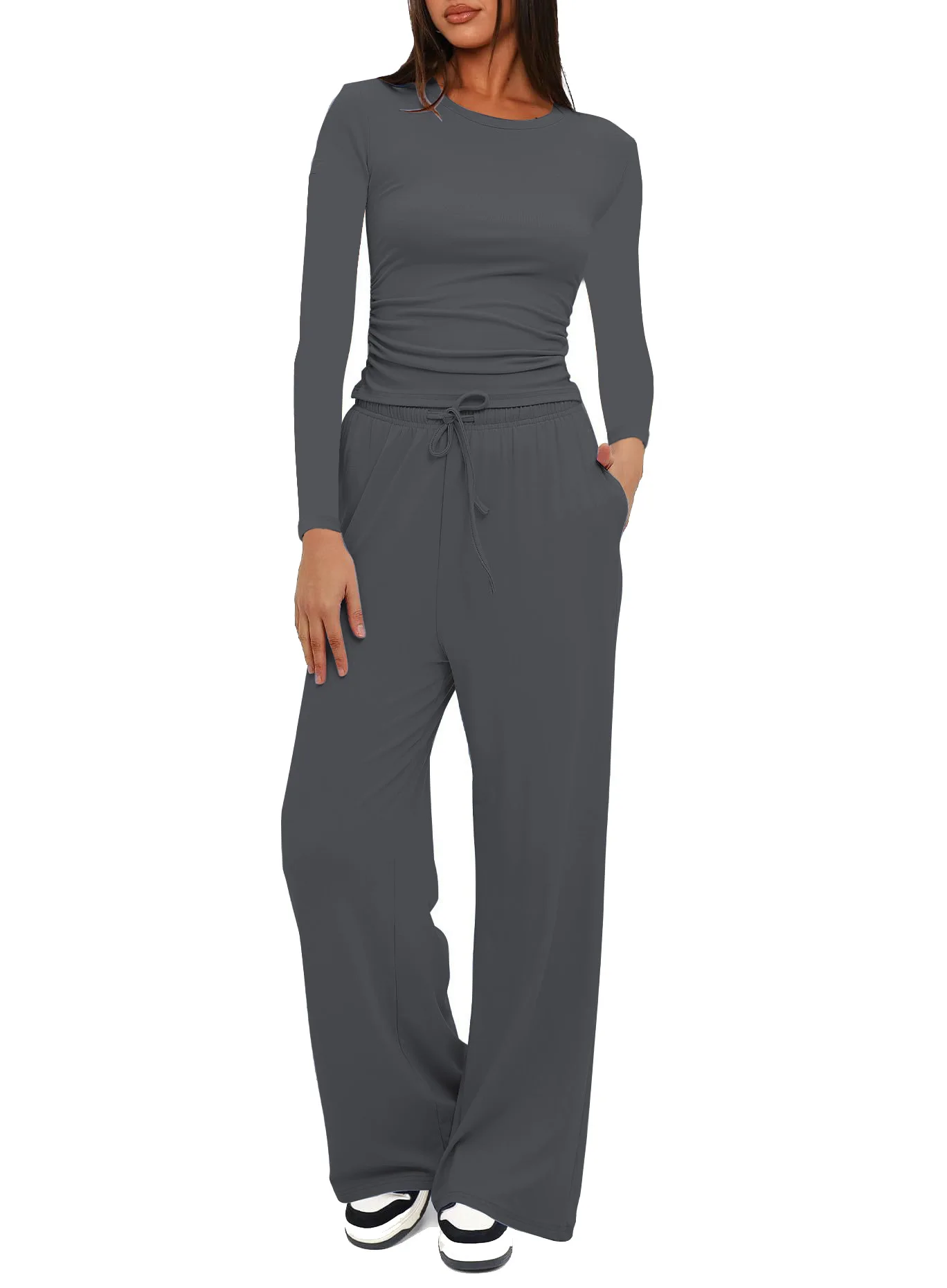 Autumn Winter Trend Fashion Women\'s Two Pieces Set Solid Casual O Neck Long Sleeve T-shirts & High Waist Wide Leg Pants Sets