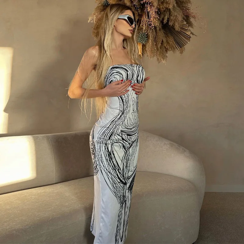 ملابس أمازون النسائية ربيع الخريف جديد صديرية دائرية الرسن خط الطباعة الورك التفاف سليم صالح مثير ضيق فساتين الزفاف النسائية