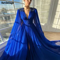 Sevintage Royal Blue Chiffon Prom Dress Deep V-Neck Long Cape Sleeve Sequined Evening Dress vestido para eventos especial 2024es