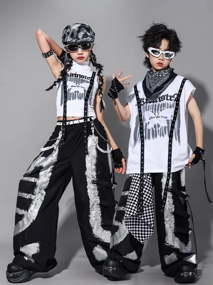 

2024 трендовая танцевальная одежда в стиле хип-хоп для девочек и мальчиков, летние белые топы, черные брюки, крутой костюм в стиле панк для концертов, джазовых танцев, BL16126