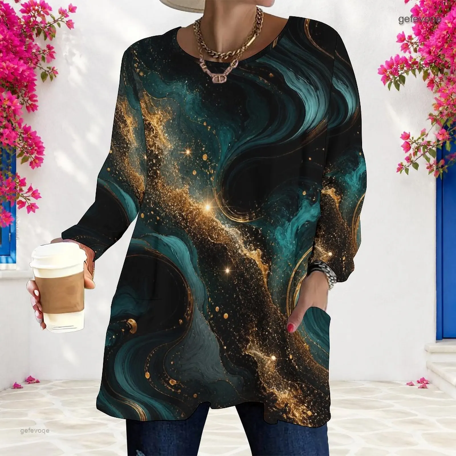Women Red Black Abstract Swirl Printed Round Neck Long Sleeve Loose Longline Top with Pocket