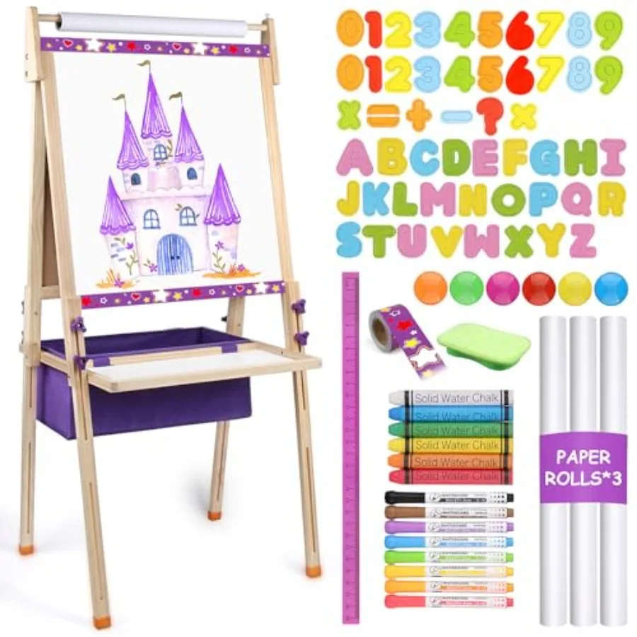 

Art Easel for Ages 4-8 Premium Whiteboard and Chalkboard with 3 Paper Roll Adjustable Double-Sided Easel Stand Easter Gift East