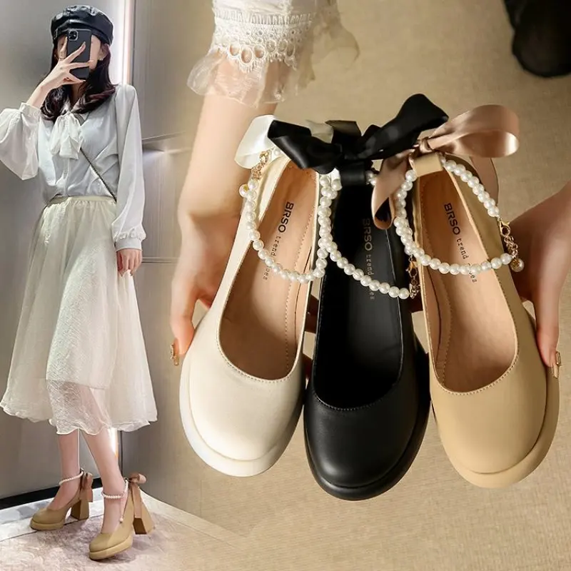 

New Pearl Ankle Strap Platform Women's High Heel Shoes Women's Bow Dress Shoes Women's Fashion Casual Comfort Simple Plus Siz 43