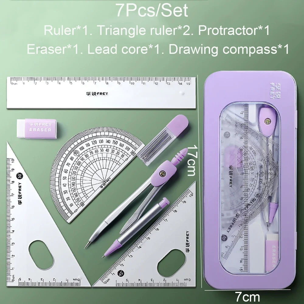 7Pcs Compass Ruler Mathematical Set 3 Colors Learning Tool Kid Student Gift Stationery School Geometry Math Drawing Measuring