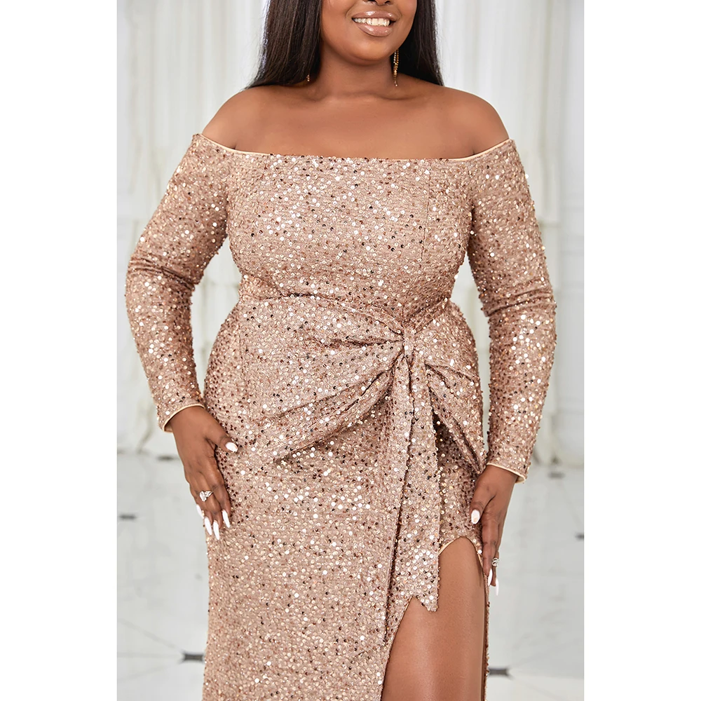 Plus Size Apricot Prom Sequin Off The Shoulder Long Sleeve Bow High Split Maxi Dress