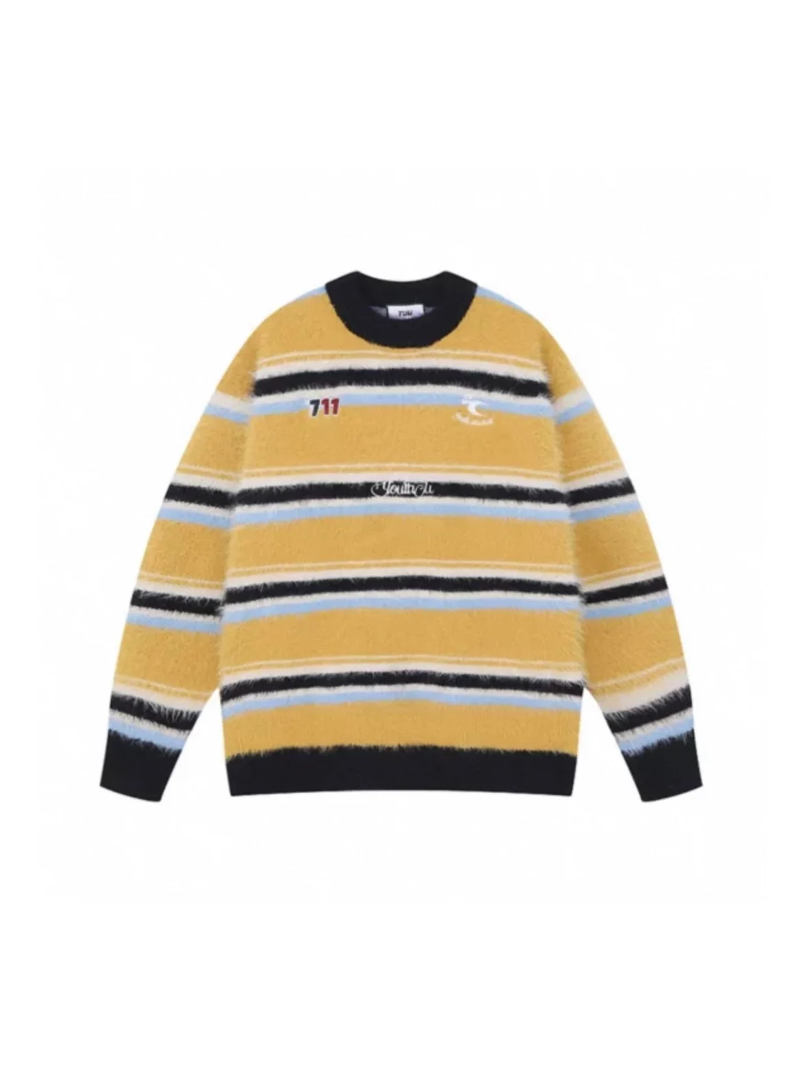 

American Retro Striped Mink Imitation Camere round Ne Knitted Sweater Loose Lazy Sle Autumn Winter Men Women Outerwear