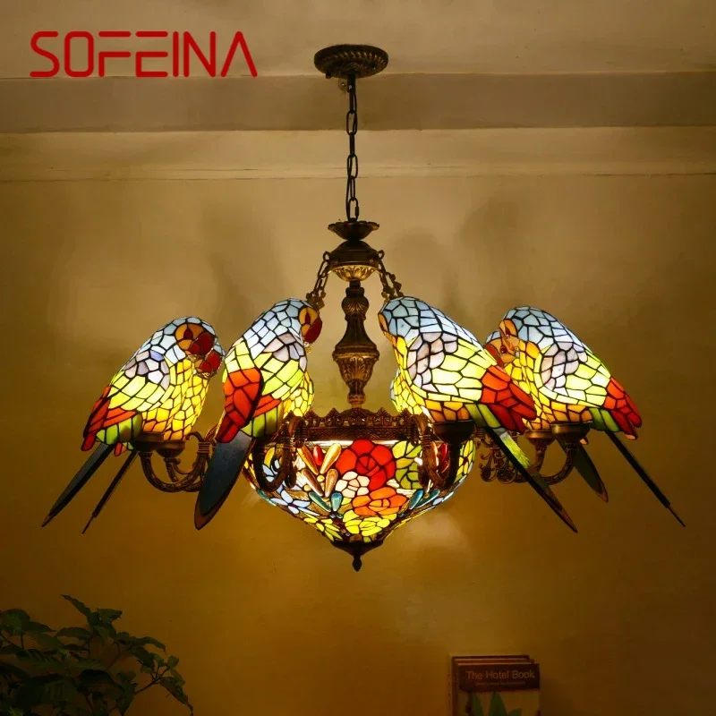 SOFEINA Tiffany parrot Chandelier LED Vintage Creative Color Glass Pendant Lamp Decor for Home Living Room Bedroom Hotel