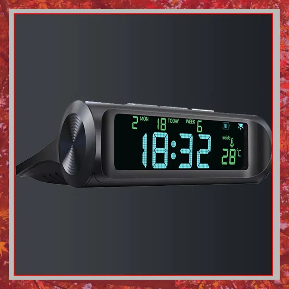 Solar Car Digital Clock Thermometer Auto Power On Off Time Date Week Temperature Monitor for Vehicle Dashboard Long Standby
