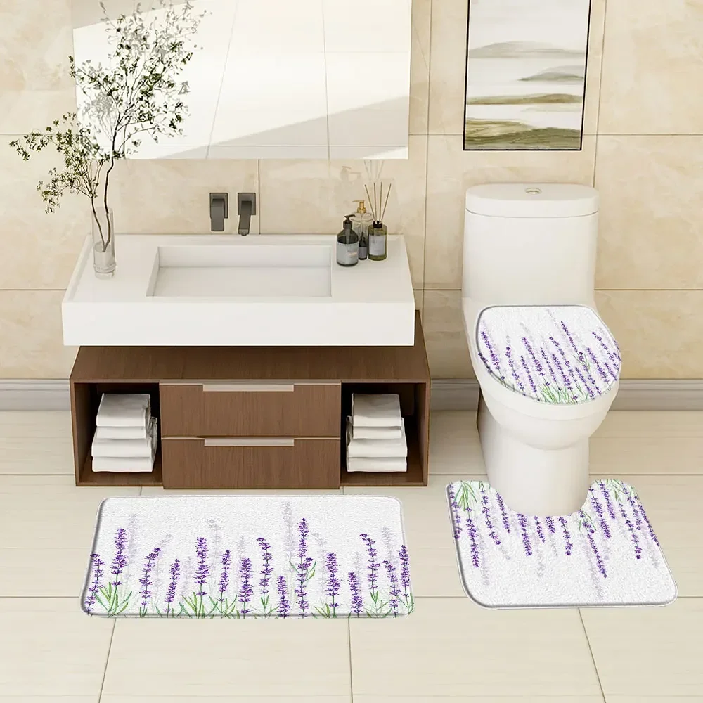 Purple Lavender Vineman Botanical Rug Set Watercolour Botanical Flower Butterfly Genie Bath Mats Bathroom Decor Accessories