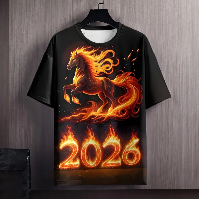 

2026 Футболка с рисунком лошади для мужчин, новогодние футболки с 3D принтом, летние повседневные уличные топы с круглым вырезом, свободные футболки с короткими рукавами