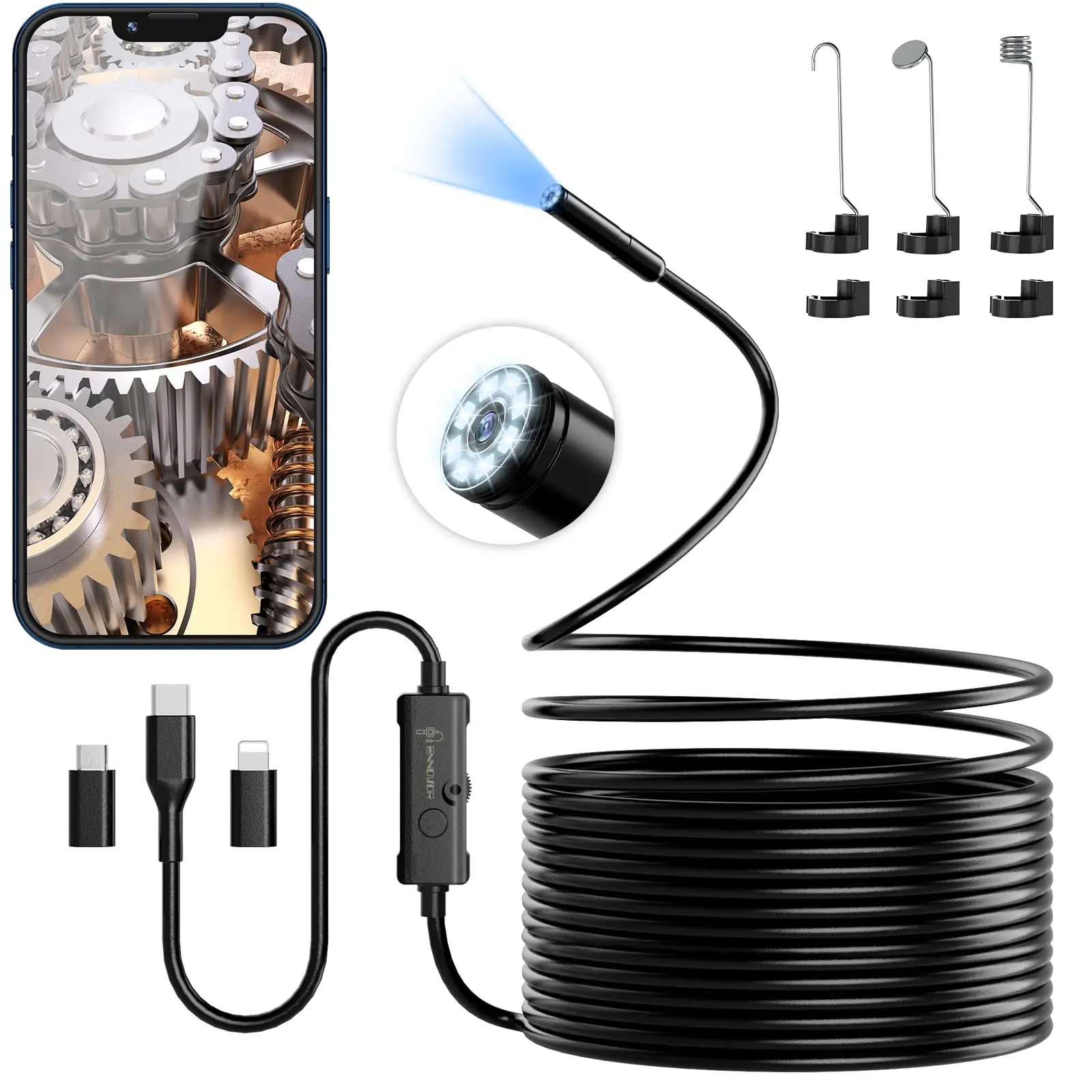 Endoscope Camera with Light, 1920P HD Borescope Camera with 8 Adjustable LED Lights, 16.4ft Semi-Rigid Snake Camera with Light,