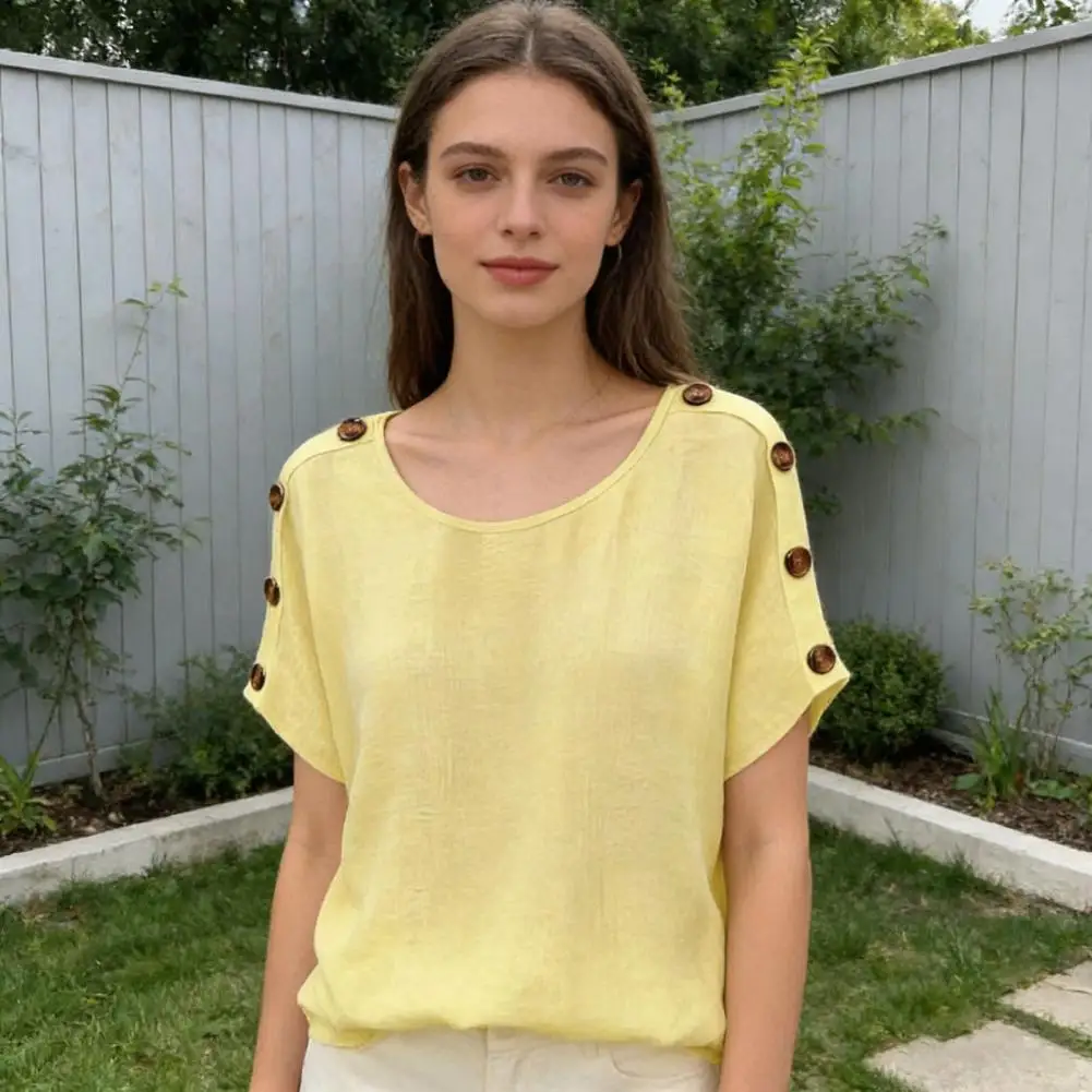 

Comfortable Women Blouse Women’s Round Neck Batwing Sleeve Tee Shirt Loose Fit Summer Blouse with Button Decor Pure Color