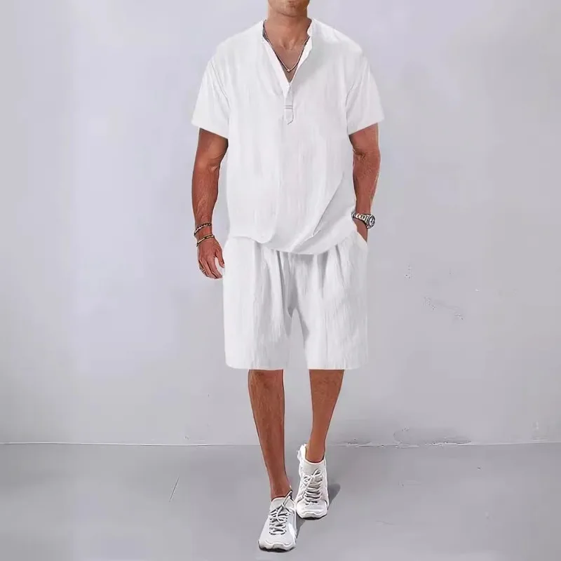 Fashion Men Sets Mens Solid Color Summer Stand Collar Linen Outfits Short Sleeve Polo Shirt+Shorts Two Pieces Men Casual Suit