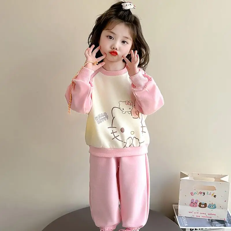 

Sanrio Hello Kitty Coat Pants Two-Piece Set Girl Spring Autumn Pullover Sweatpants Child Kawaii Cartoon Fashion Casual Clothing