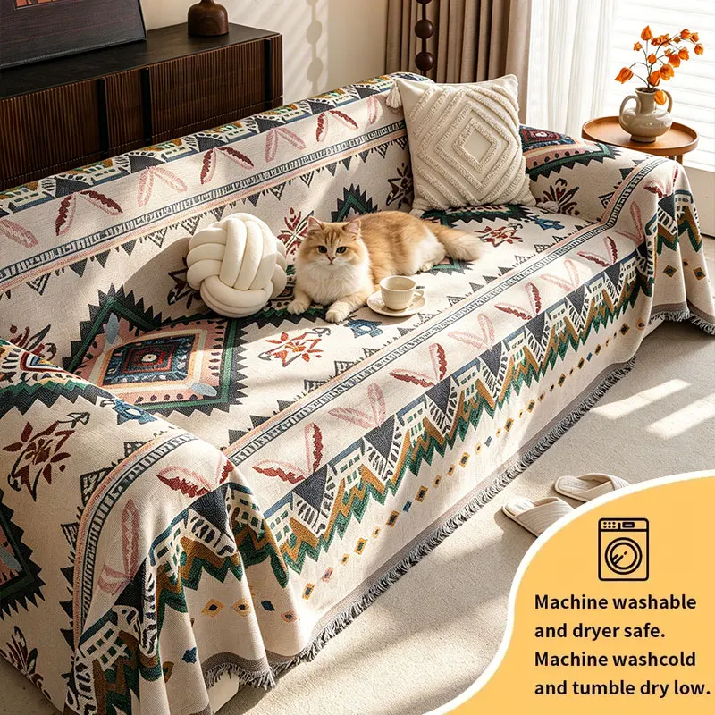 1PC-Retro Bohemian ethnic sofa cover, pet friendly scratch resistant sofa protector with colorful patterns and fringed edges