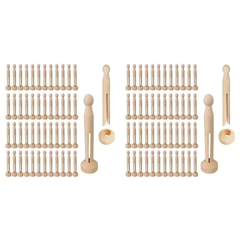 

AT29-100 Sets Unfinished Wood Pins Clothespins Wooden Round Peg Wood Clothespins And Stands Craft Supplies