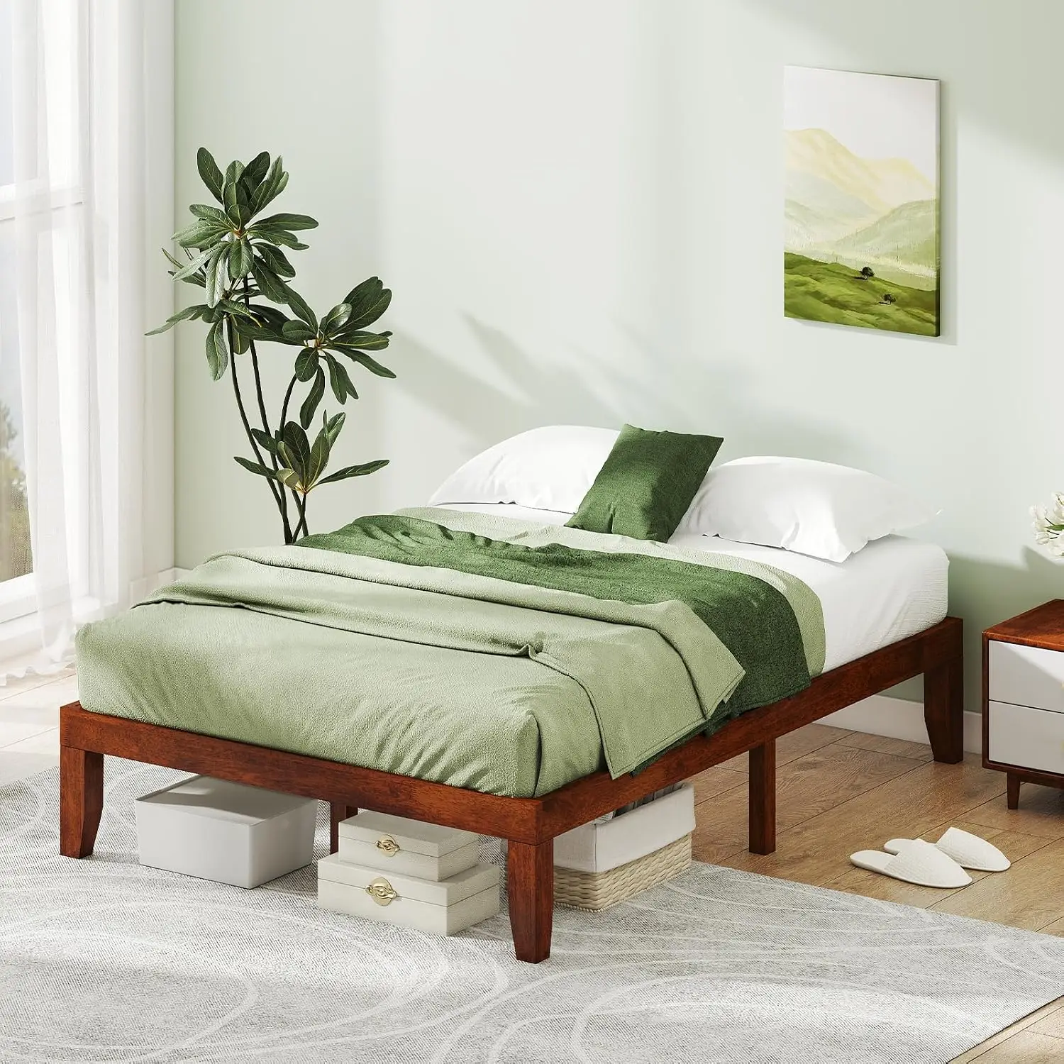 14 Inches Wood Platform Bed Frame Full Size, Wooden Mattress Foundation with Rubber Wood Frame, Strong Wooden Slat, Customized