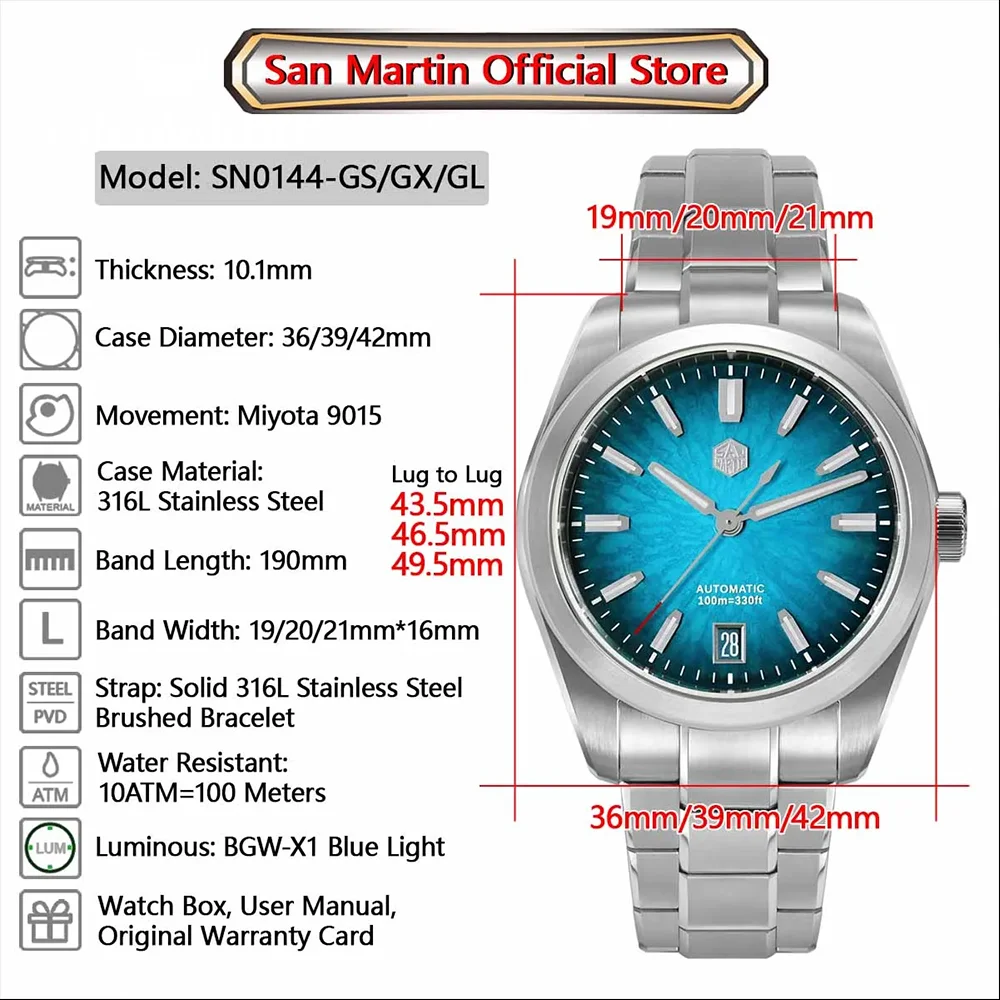 San Martin Original New 39mm Business luxury Men's Watch Miyota 9015 Desig Men Automatic Mechanical Luminous Watertight Watches