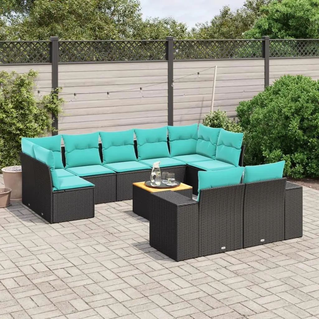 

Modern 10 Piece Rattan Sofa Set with Cushions for Outdoor Garden Balcony Poolside Furniture Black Wicker Seating