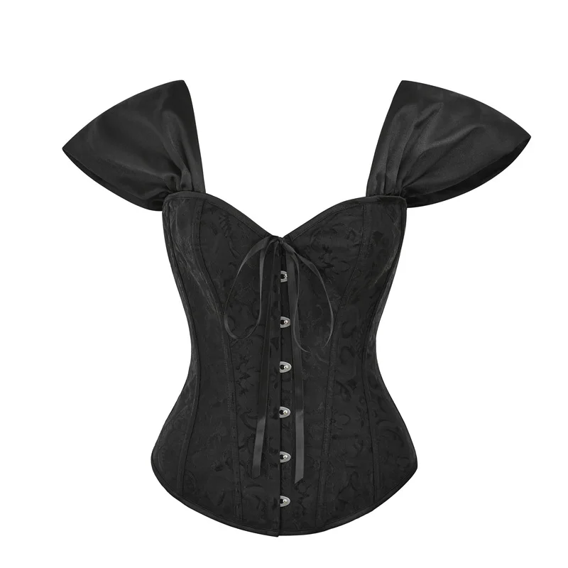 

Women Evening Party Corsets Bustiers Top Sexy Gothic Black Vintage Jacquard Elegant Lace-up Corset with Sleeves Waist Trainer