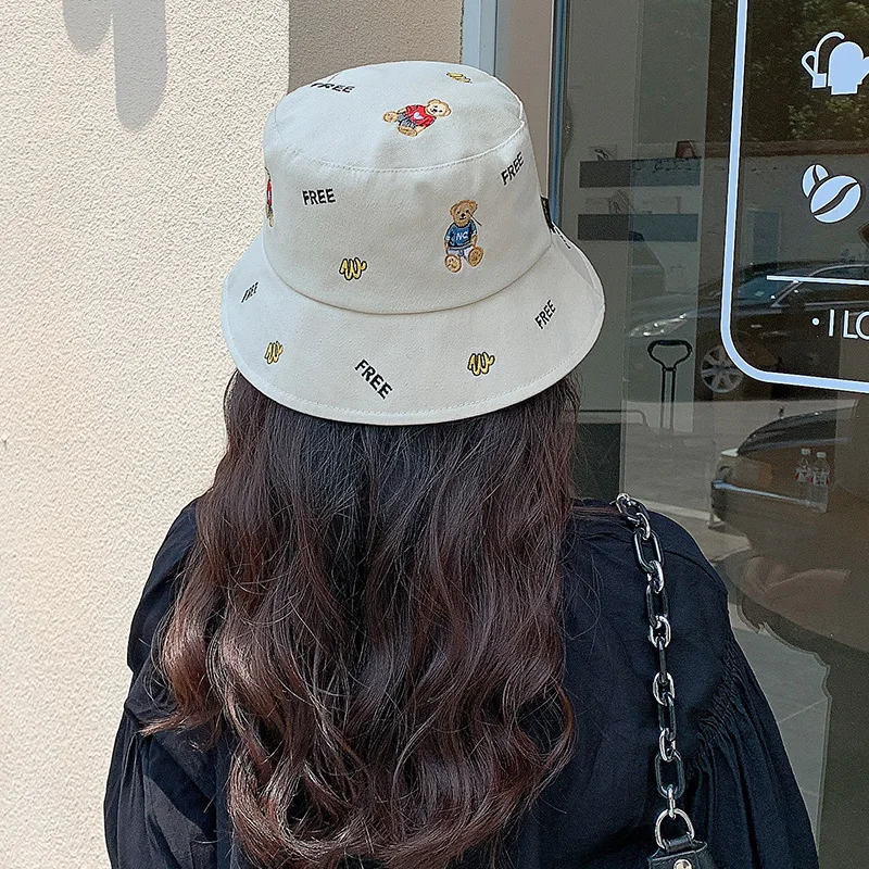 Fashion Spring Summer Fisherman Caps Women Cute Small Bear Embroidery Sunscreen Panama Hats Men Outdoor Sports Casual Bucket Hat