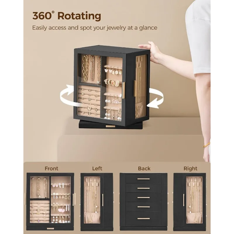 360° Rotating Jewelry Box with 5 Drawers, Spacious Vertical Jewelry Organizer with Glass Window, Jewelry Storage Case