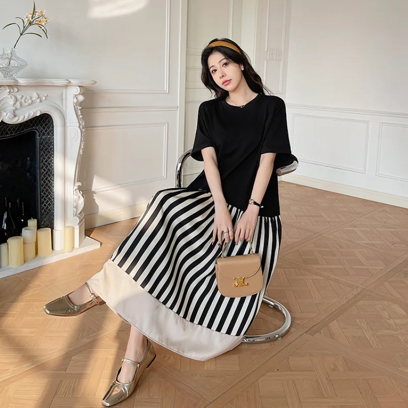 #6133 Spliced Striped Long T Shirt Dress Women Loose Cotton A-line Streetwear False Two Piece Short Sleeve Tshirt Dress Summer