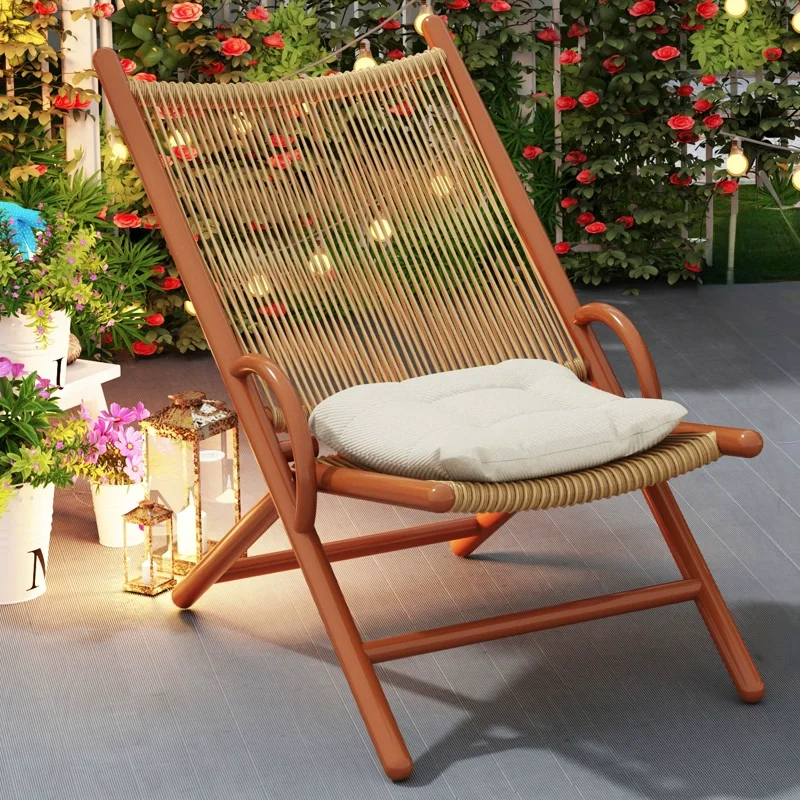 

New Rattan Lounge Chair Foldable Nap Recliner Balcony Waterproof PE Rattan Chair with Carbon Steel Legs Home Garden Relaxation
